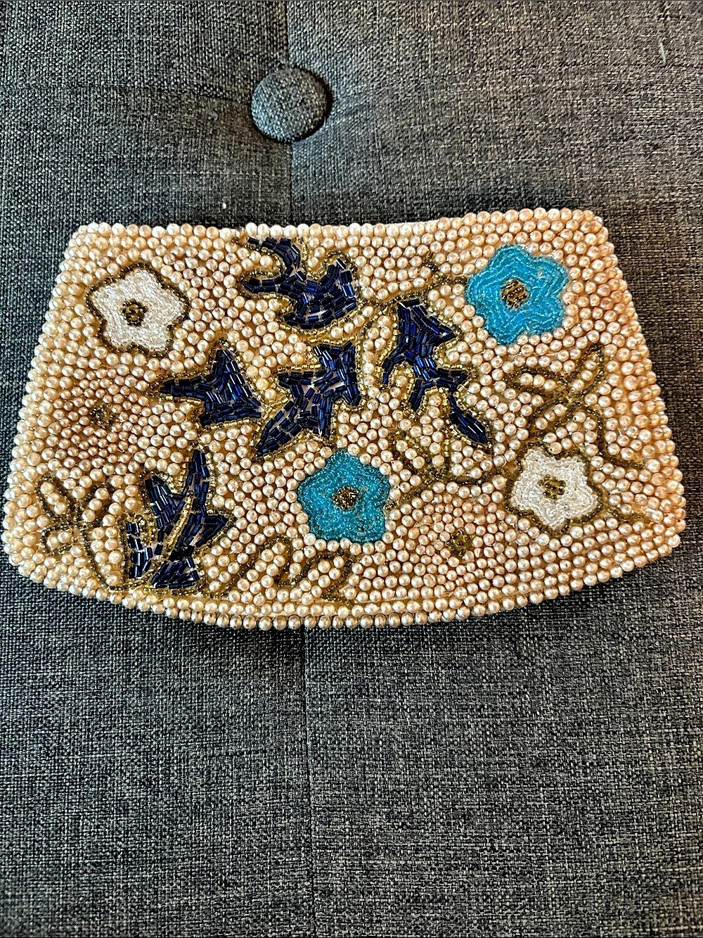 VintageBeaded Floral Clutch in Cream & Blue